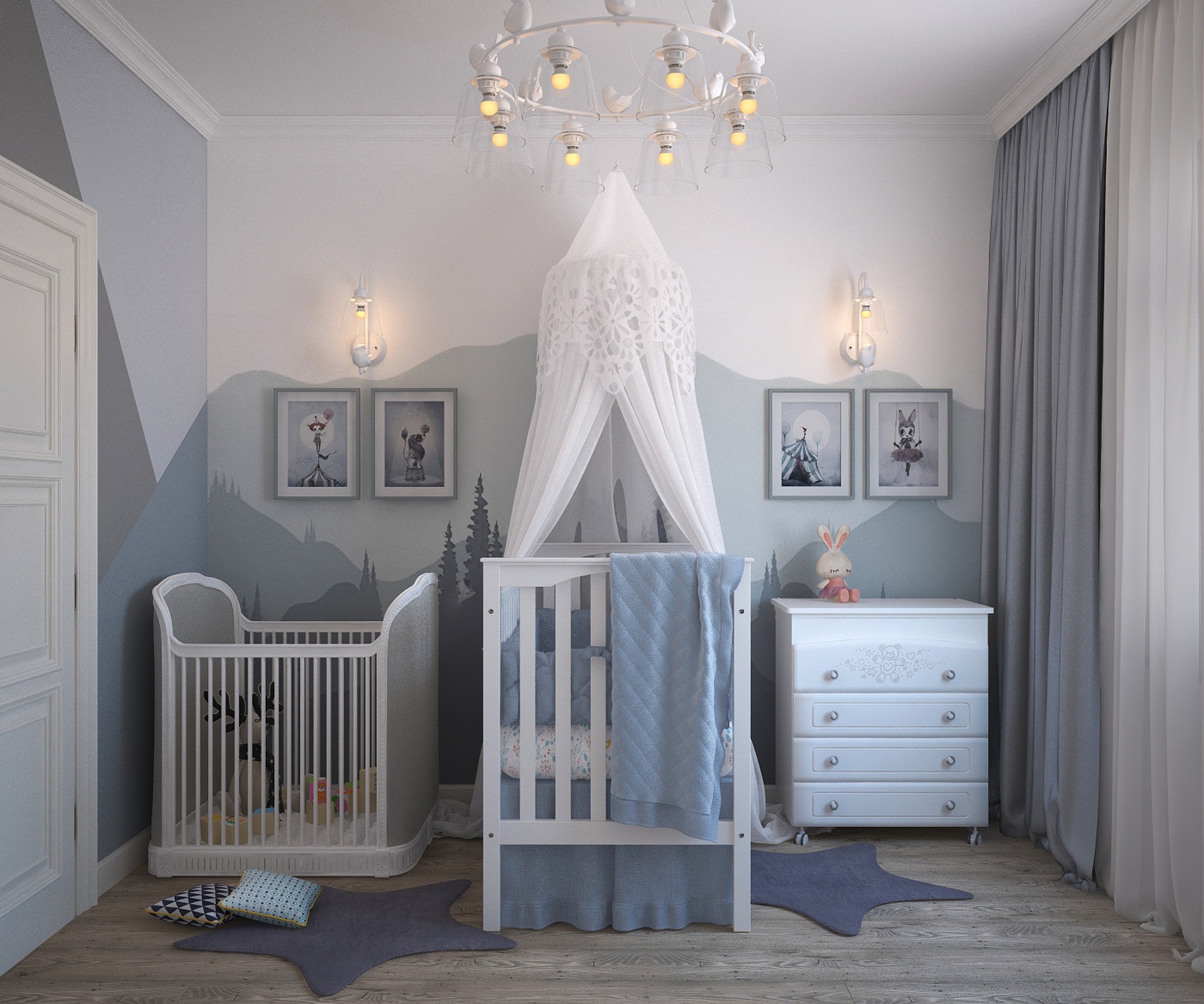 Chambre de bébé dans les tons clairs avec lit et commode